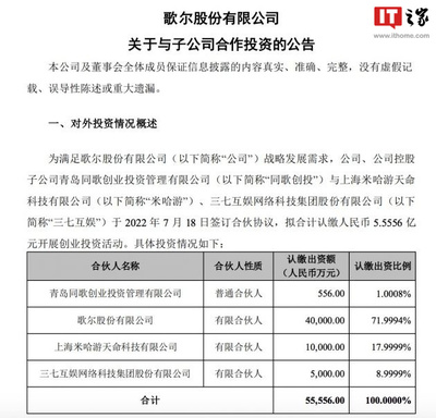歌爾股份、米哈游、三七互娛聯(lián)合開展5.5556億元?jiǎng)?chuàng)業(yè)投資，企業(yè)自有資金注入新活力